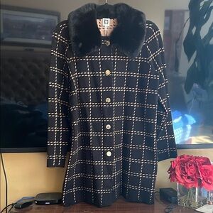 Anne Klein Black and White Checkered Trench Coat with Faux Fur Collar